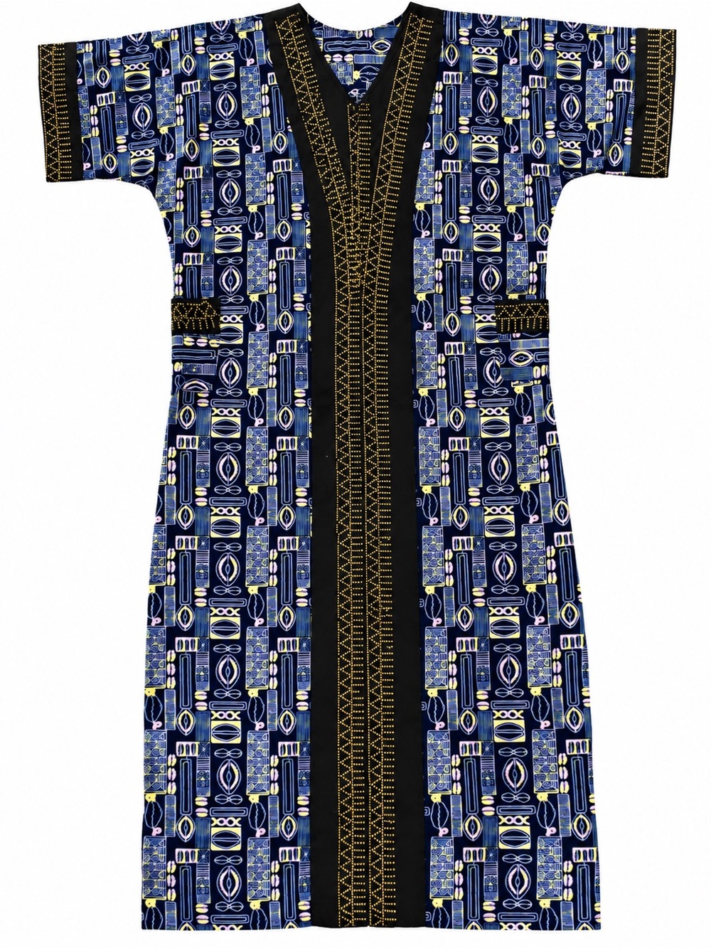 Navy Ankara Print Midi Dress Gold Embroidered V-Neck Short Sleeve Pockets